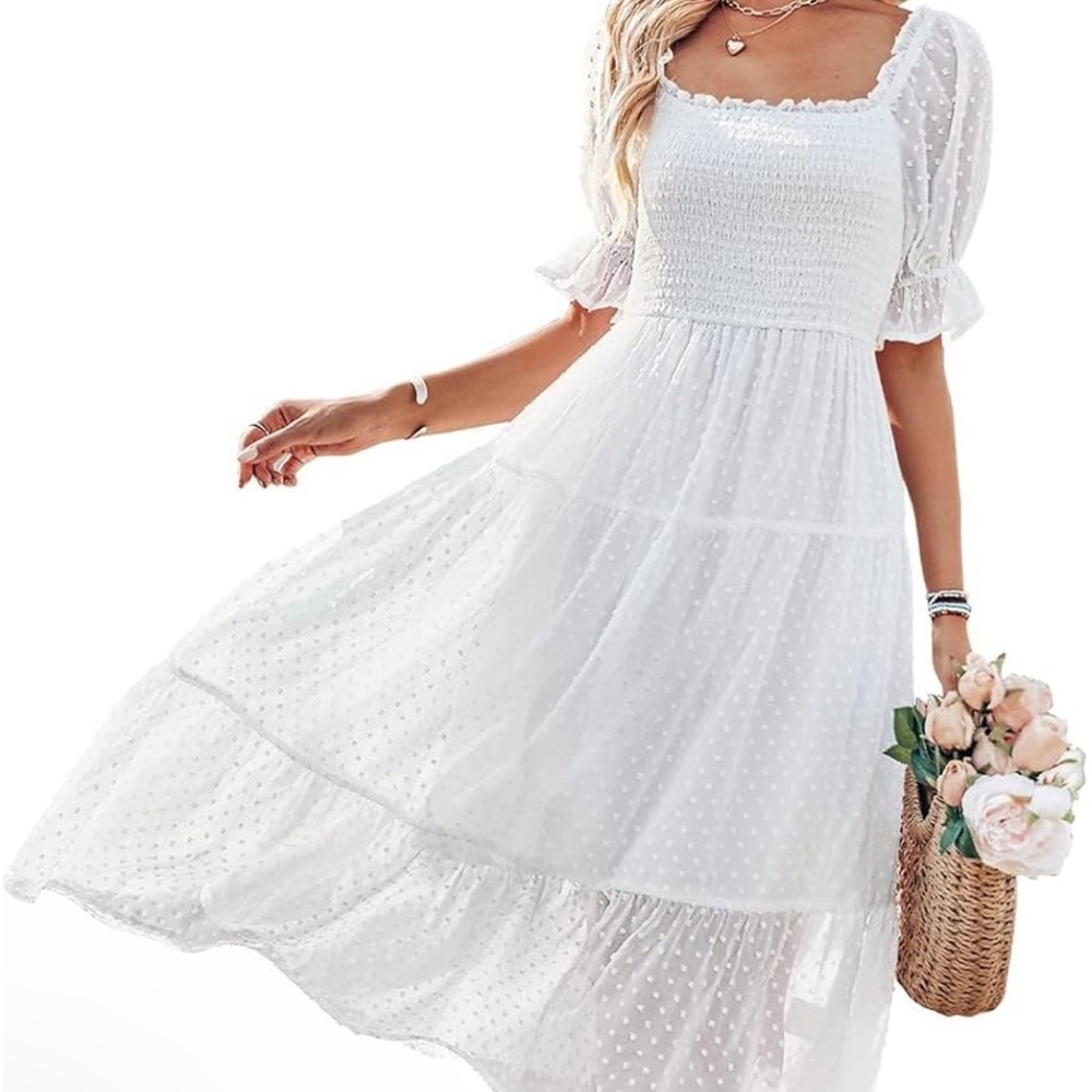 Merokeety M White swiss dots lined smocked lined BEAUTIFUL WEDDING MIDI DRESS